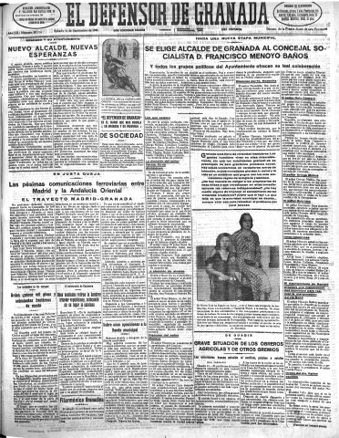'El Defensor de Granada  : diario político independiente' - Año LII Número 27714 Ed. Mañana - 1931 Septiembre 12