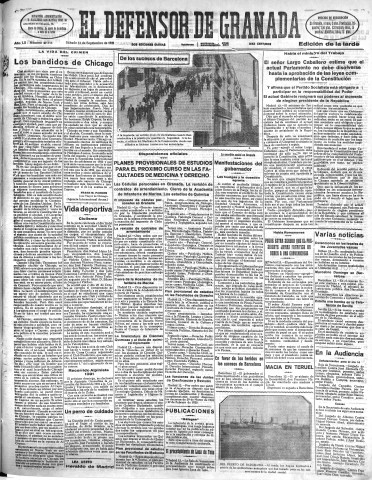 'El Defensor de Granada  : diario político independiente' - Año LII Número 27715 Ed. Tarde - 1931 Septiembre 12