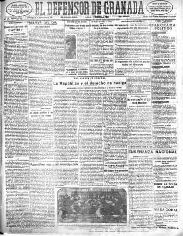 'El Defensor de Granada  : diario político independiente' - Año LII Número 27716 Ed. Mañana - 1931 Septiembre 13