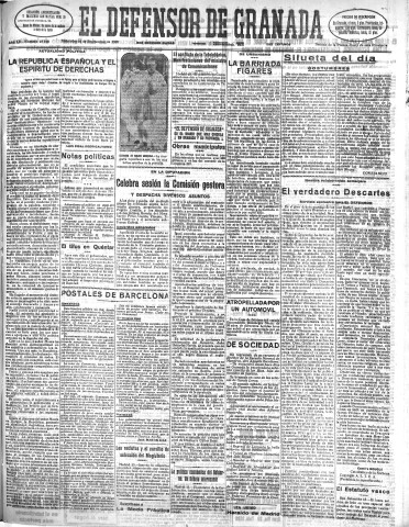 'El Defensor de Granada  : diario político independiente' - Año LII Número 27720 Ed. Mañana - 1931 Septiembre 16