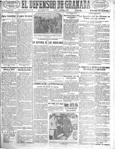 'El Defensor de Granada  : diario político independiente' - Año LII Número 27723 Ed. Tarde - 1931 Septiembre 17