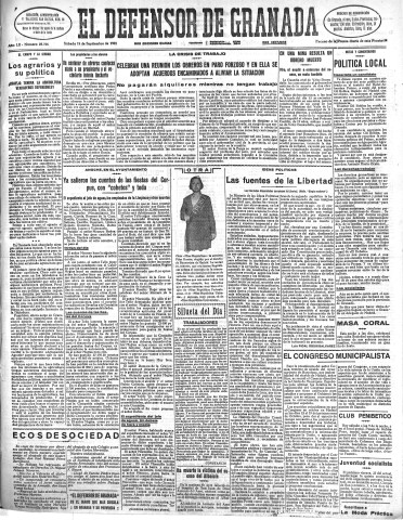 'El Defensor de Granada  : diario político independiente' - Año LII Número 27726 Ed. Mañana - 1931 Septiembre 19