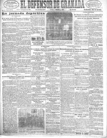 'El Defensor de Granada  : diario político independiente' - Año LII Número 27728 Ed. Tarde - 1931 Septiembre 21