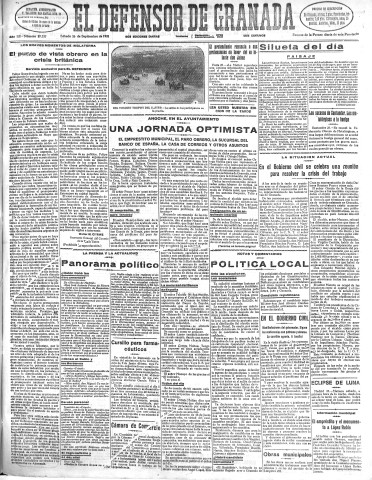 'El Defensor de Granada  : diario político independiente' - Año LII Número 27737 Ed. Mañana - 1931 Septiembre 26