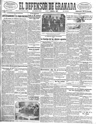 'El Defensor de Granada  : diario político independiente' - Año LII Número 27738 Ed. Tarde - 1931 Septiembre 26