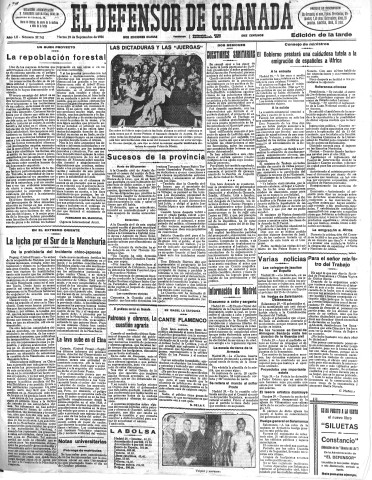 'El Defensor de Granada  : diario político independiente' - Año LII Número 27742 Ed. Tarde - 1931 Septiembre 29