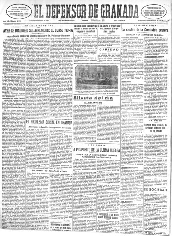 'El Defensor de Granada  : diario político independiente' - Año LII Número 27747 Ed. Mañana - 1931 Octubre 02