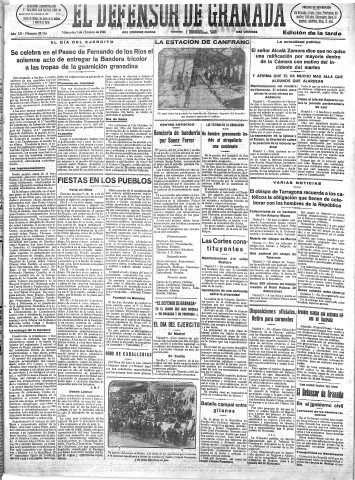 'El Defensor de Granada  : diario político independiente' - Año LII Número 27756 Ed. Tarde - 1931 Octubre 07