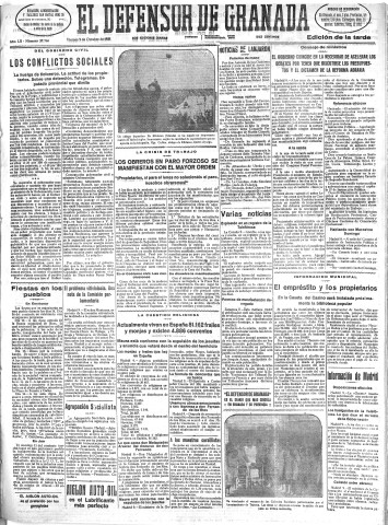 'El Defensor de Granada  : diario político independiente' - Año LII Número 27760 Ed. Tarde - 1931 Octubre 09