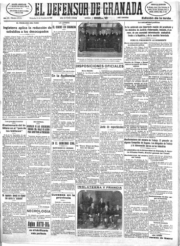 'El Defensor de Granada  : diario político independiente' - Año LII Número 27780 Ed. Tarde - 1931 Octubre 21