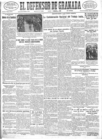 'El Defensor de Granada  : diario político independiente' - Año LII Número 27781 Ed. Mañana - 1931 Octubre 22