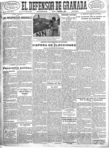 'El Defensor de Granada  : diario político independiente' - Año LII Número 27794 Ed. Mañana - 1931 Octubre 27