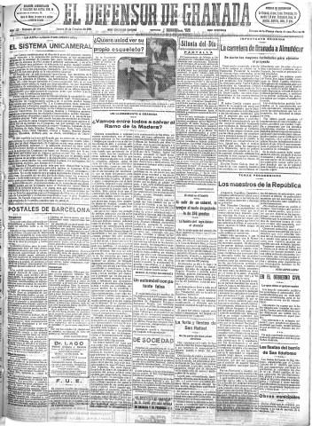 'El Defensor de Granada  : diario político independiente' - Año LII Número 27798 Ed. Mañana - 1931 Octubre 29