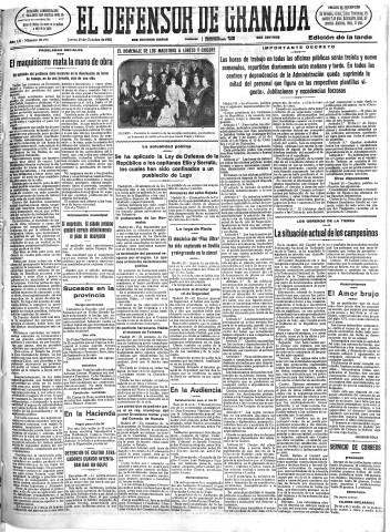 'El Defensor de Granada  : diario político independiente' - Año LII Número 27799 Ed. Tarde - 1931 Octubre 29