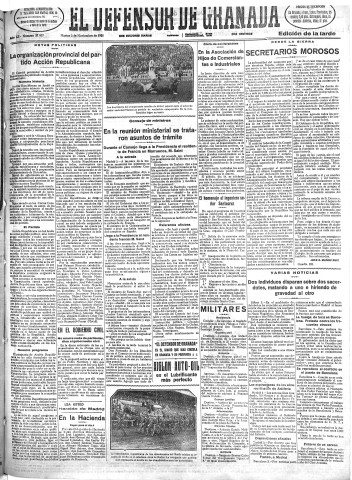 'El Defensor de Granada  : diario político independiente' - Año LII Número 27807 Ed. Tarde - 1931 Noviembre 03