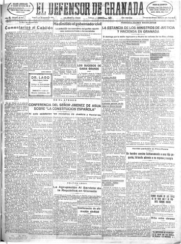 'El Defensor de Granada  : diario político independiente' - Año LII Número 27846 Ed. Mañana - 1931 Diciembre 01