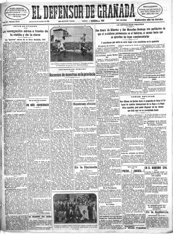 'El Defensor de Granada  : diario político independiente' - Año LII Número 27851 Ed. Tarde - 1931 Diciembre 03