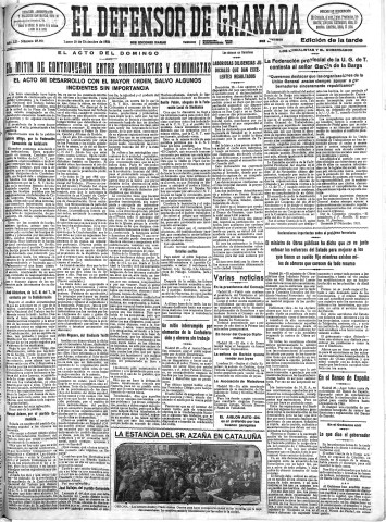 'El Defensor de Granada  : diario político independiente' - Año LII Número 27891 Ed. Tarde - 1931 Diciembre 28