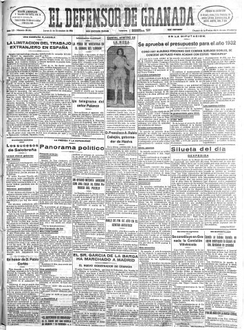 'El Defensor de Granada  : diario político independiente' - Año LII Número 27896 Ed. Mañana - 1931 Diciembre 31