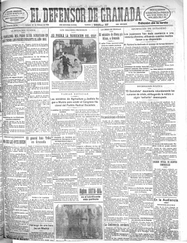 'El Defensor de Granada  : diario político independiente' - Año LIII Número 27985 Ed. Tarde - 1932 Febrero 20