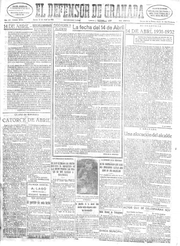 'El Defensor de Granada  : diario político independiente' - Año LIII Número 28074 Ed. Mañana - 1932 Abril 14