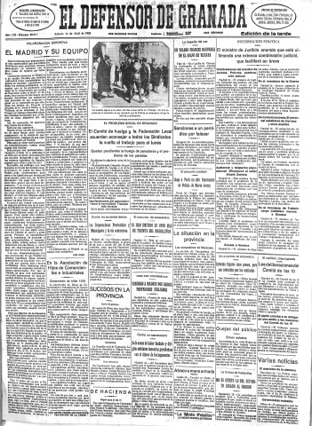 'El Defensor de Granada  : diario político independiente' - Año LIII Número 28077 Ed. Tarde - 1932 Abril 16