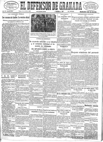 'El Defensor de Granada  : diario político independiente' - Año LIII Número 28087 Ed. Tarde - 1932 Abril 22