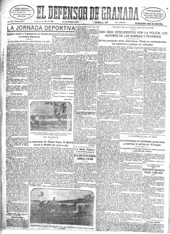 'El Defensor de Granada  : diario político independiente' - Año LIII Número 28091 Ed. Tarde - 1932 Abril 25