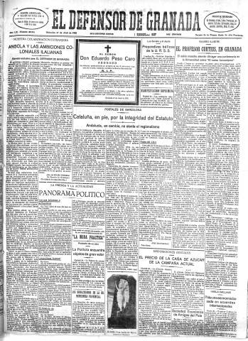 'El Defensor de Granada  : diario político independiente' - Año LIII Número 28094 Ed. Mañana - 1932 Abril 27