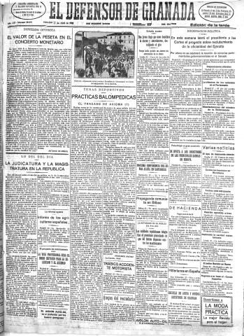'El Defensor de Granada  : diario político independiente' - Año LIII Número 28095 Ed. Tarde - 1932 Abril 27