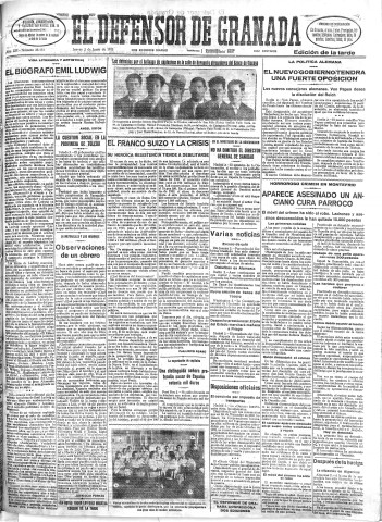 'El Defensor de Granada  : diario político independiente' - Año LIII Número 28151 Ed. Tarde - 1932 Junio 02