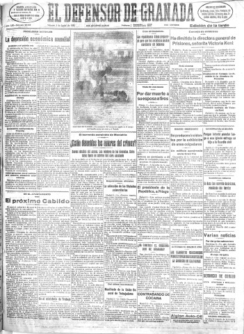 'El Defensor de Granada  : diario político independiente' - Año LIII Número 28153 Ed. Tarde - 1932 Junio 03