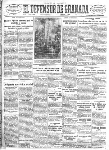 'El Defensor de Granada  : diario político independiente' - Año LIII Número 28155 Ed. Tarde - 1932 Junio 04