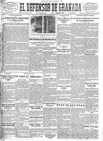 'El Defensor de Granada  : diario político independiente' - Año LIII Número 28172 Ed. Mañana - 1932 Junio 15