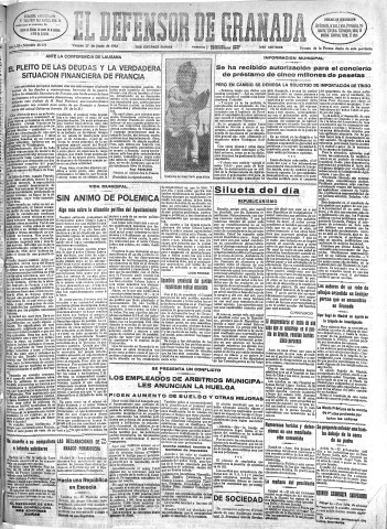 'El Defensor de Granada  : diario político independiente' - Año LIII Número 28176 Ed. Mañana - 1932 Junio 17