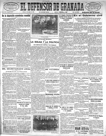 'El Defensor de Granada  : diario político independiente' - Año LIII Número 28199 Ed. Tarde - 1932 Julio 02