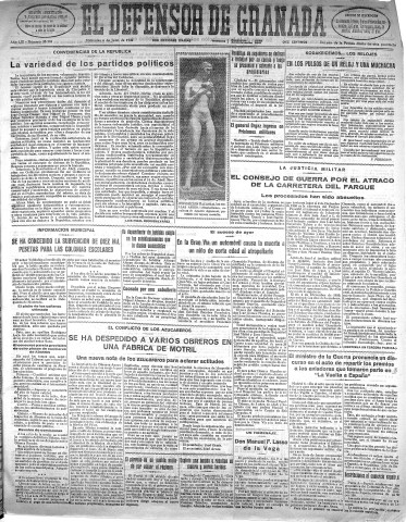 'El Defensor de Granada  : diario político independiente' - Año LIII Número 28202 Ed. Mañana - 1932 Julio 06
