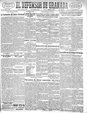 'El Defensor de Granada  : diario político independiente' - Año LIII Número 28208 Ed. Tarde - 1932 Julio 14