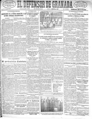 'El Defensor de Granada  : diario político independiente' - Año LIII Número 28213 Ed. Tarde - 1932 Julio 21