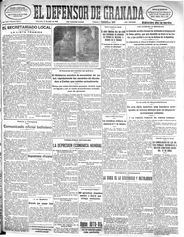 'El Defensor de Granada  : diario político independiente' - Año LIII Número 28218 Ed. Tarde - 1932 Julio 27