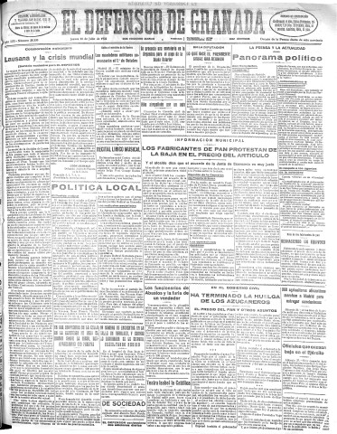 'El Defensor de Granada  : diario político independiente' - Año LIII Número 28218 Ed. Mañana - 1932 Julio 28
