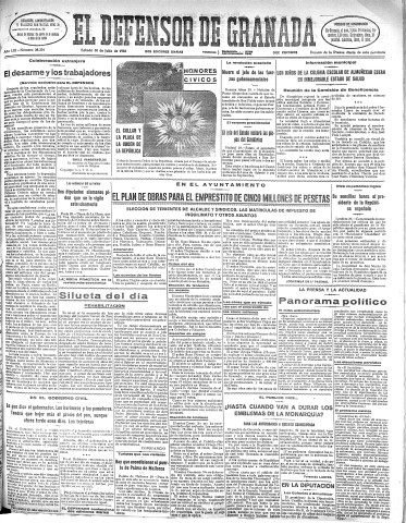 'El Defensor de Granada  : diario político independiente' - Año LIII Número 28220 Ed. Mañana - 1932 Julio 30