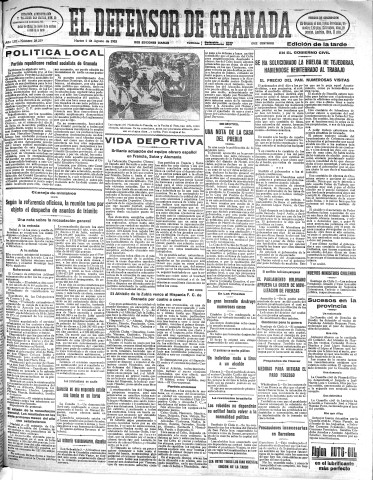 'El Defensor de Granada  : diario político independiente' - Año LIII Número 28223 Ed. Tarde - 1932 Agosto 02