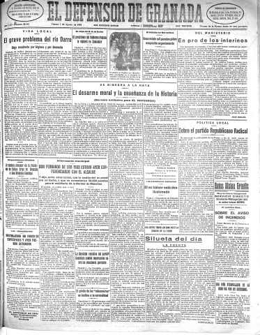 'El Defensor de Granada  : diario político independiente' - Año LIII Número 28225 Ed. Mañana - 1932 Agosto 05