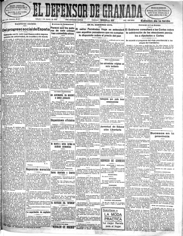 'El Defensor de Granada  : diario político independiente' - Año LIII Número 28227 Ed. Tarde - 1932 Agosto 06