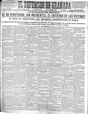 'El Defensor de Granada  : diario político independiente' - Año LIII Número 28232 Ed. Tarde - 1932 Agosto 12