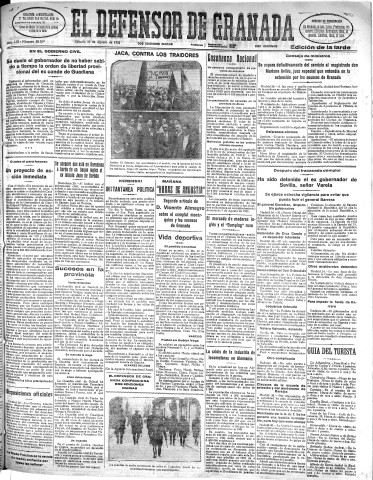 'El Defensor de Granada  : diario político independiente' - Año LIII Número 28238 Ed. Tarde - 1932 Agosto 20