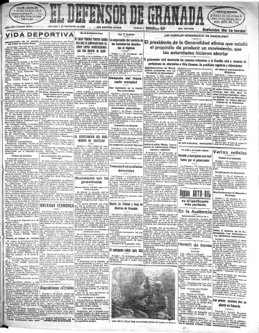 'El Defensor de Granada  : diario político independiente' - Año LIII Número 28257 Ed. Tarde - 1932 Septiembre 07