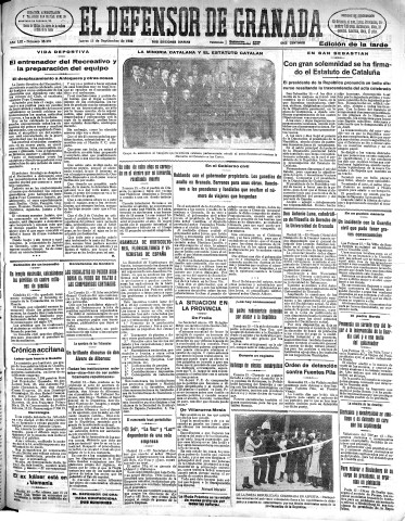 'El Defensor de Granada  : diario político independiente' - Año LIII Número 28264 Ed. Tarde - 1932 Septiembre 15