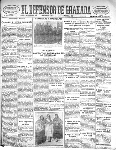 'El Defensor de Granada  : diario político independiente' - Año LIII Número 28265 Ed. Tarde - 1932 Septiembre 16